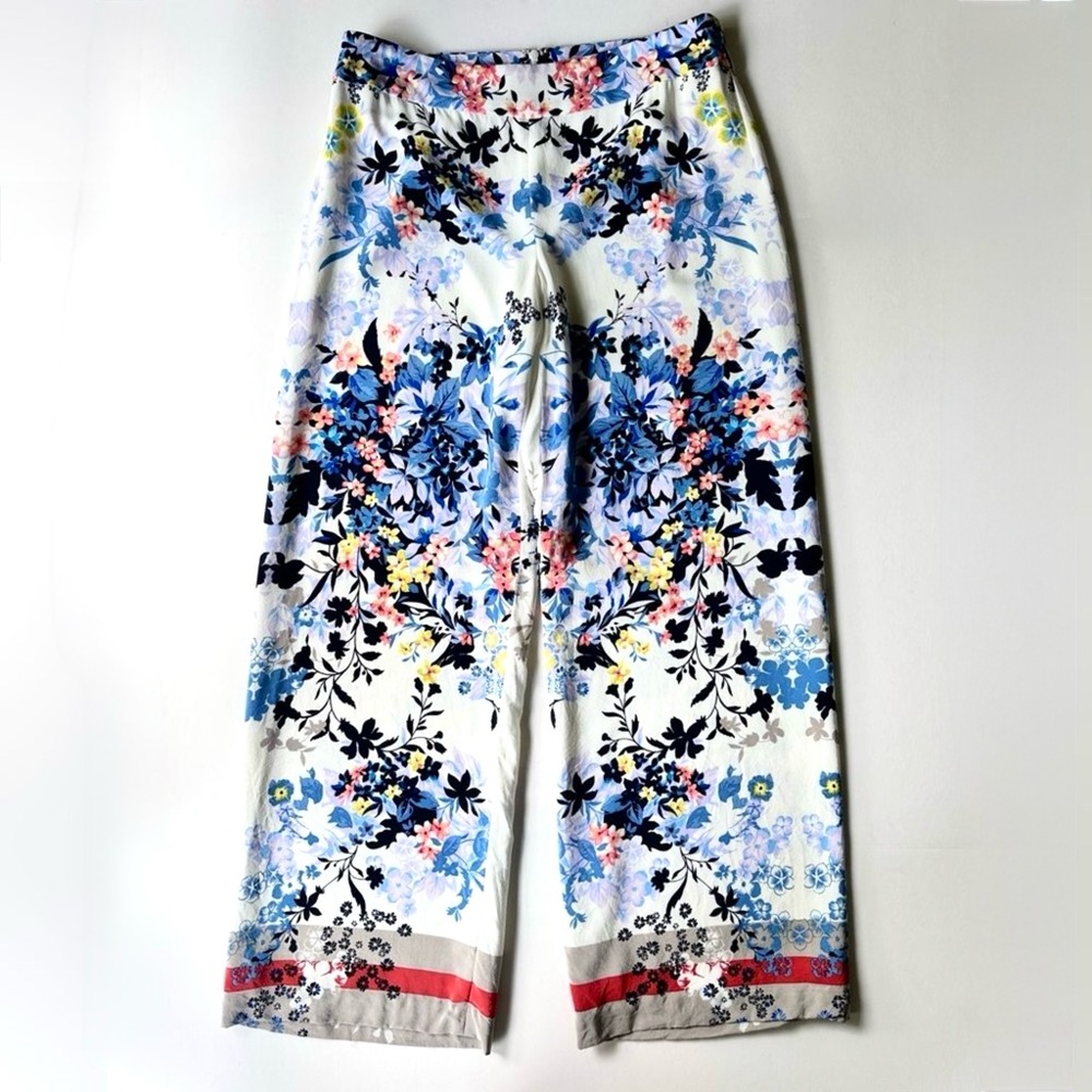 Worth New York Silk White Blue Multicolor Tropical Floral Print Wide Leg Pants 2